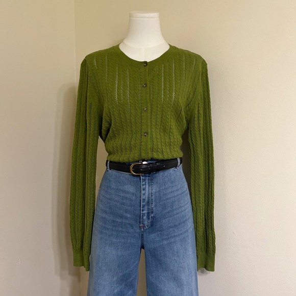 GAP Sweaters - Gap Green Pointelle Cable Knit Button Front Cardigan Sweater Crew Neck Large